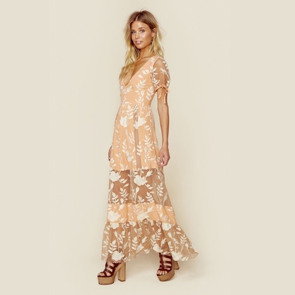 FOR LOVE & LEMONS MIA MAXI DRESS Lace Overlay Sheer Paneled Tie Detail Boho Chic - Picture 2 of 11